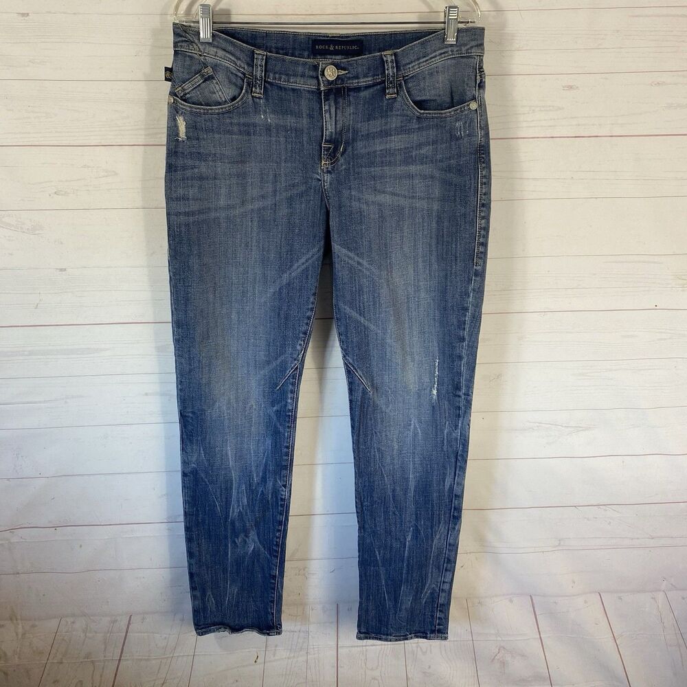 Rock & Republic Womens Emo Boyfriend Jeans Sz 12 Distressed Stretch Pockets